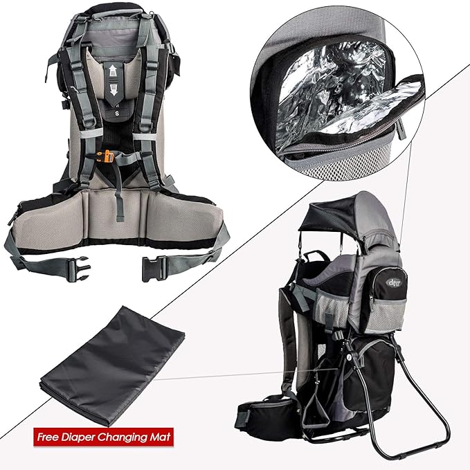 ClevrPlus Canyonero Camping Baby Backpack Hiking Kid Toddler Child Carrier with Stand and Sun Shade Visor, Black-CubbioJoy