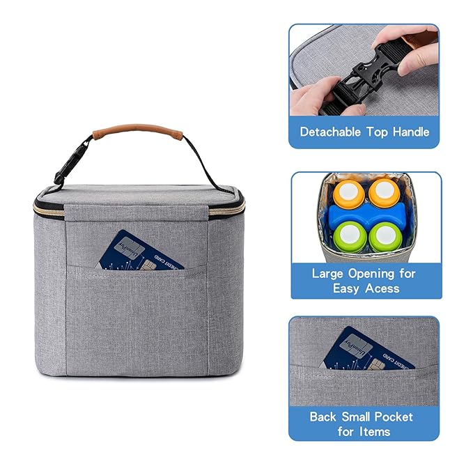 Breast Milk Cooler Bag with Ice Pack Fits 4 Large Baby Bottles Up to 5 Ounce, Baby Bottle Cooler Bag Great for Nursing Mom Daycare, Grey-CubbioJoy