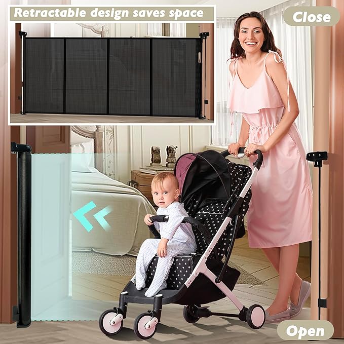 150" Extra Wide Retractable Baby Gates Dog Gate for Large Opening, 41" Extra Tall Mesh Pet Gate, Long Child Safety Gates with Fiberglass Rods for Stairways, Doorways, Hallways - Indoor/Outdoor Use-CubbioJoy