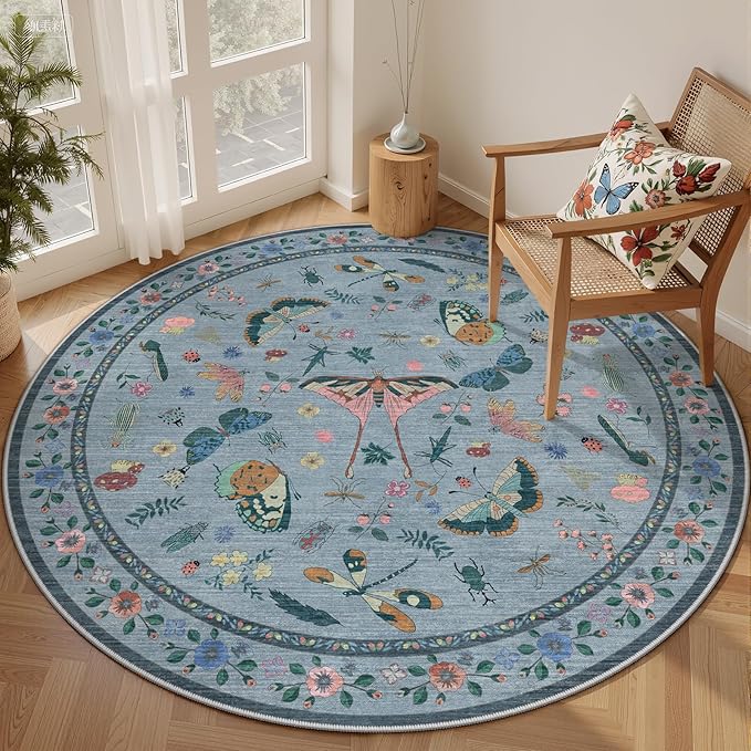 4ft Washable Round Rug - Bug Rugs for Living Room Non-Slip Low Pile Soft Ultra-Thin Machine Washable Circle Carpet for Bedroom, Entryway, Nursery, Kitchen, Home Office (4' Round Blue)-CubbioJoy