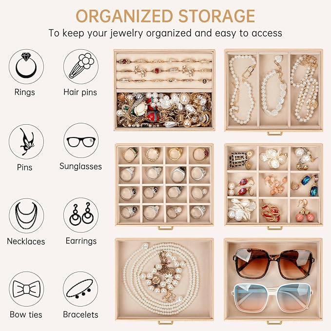 AKOZLIN 6-Tier Jewelry Box Organizer Functional 5 Drawers Leather Jewelry Storage Case for Women Girls Ring Necklace Earring Bracelet Holder Organizer with Mirror Champagne-CubbioJoy
