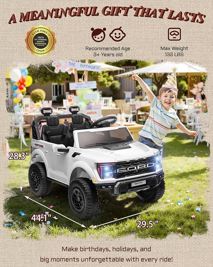 24V Kids Ride On Truck, Licensed Ford F-150 Raptor 2 Seater Electric Car w/Remote Control, Toddler Ride On Car Toys w/LED Lights, Bluetooth, Music, Truck Bed Storage, Soft Start (White)-CubbioJoy