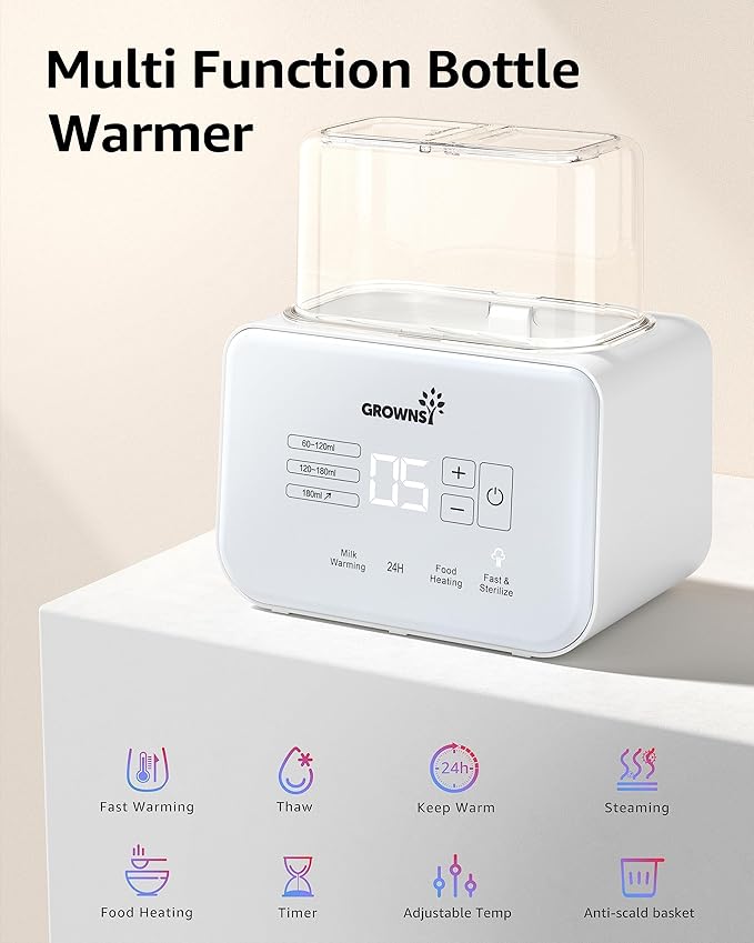 Baby Bottle Warmer, Grownsy 8-in-1 Fast Milk Warmer with Timer Breastmilk or Formula, Fits 2 Bottles, Accurate Temperature Control, with Defrost, Sterili-zing, Keep, Heat Baby Food Jars Function-CubbioJoy