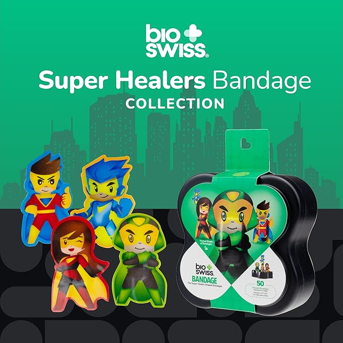 BioSwiss Bandages, Super Healers Superhero Shaped Self Adhesive Bandage, Latex Free Sterile Wound Care, Fun First Aid Kit Supplies for Kids and Adults, 50 Count-CubbioJoy