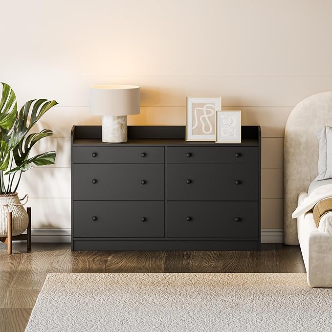 Cozy Castle Baby Dresser with 6 Drawers and Large Table Top, Multi-Functional Chest of Drawer, Drawer Dresser with Three-Sided High Rails for Nursery, Children's Room, Bedroom, Black-CubbioJoy