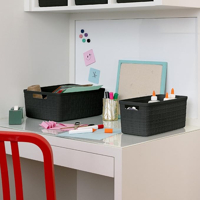 Curver Set of 6 Jute Medium Decorative Plastic Organization and Storage Baskets, Perfect Bins for Home Office, Closet Shelves, Kitchen Pantry and All Bedroom Essentials, Black-CubbioJoy
