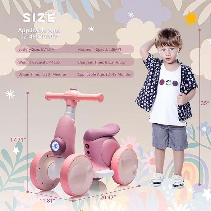 6V Electric Baby Balance Bike for 1 Year Old Boys Girls Ride on Toys 12-48 Months Toddler Balance Bike, 4 Wheels Kids First Bike with Remote Control First Birthday Gifts- Purple-CubbioJoy