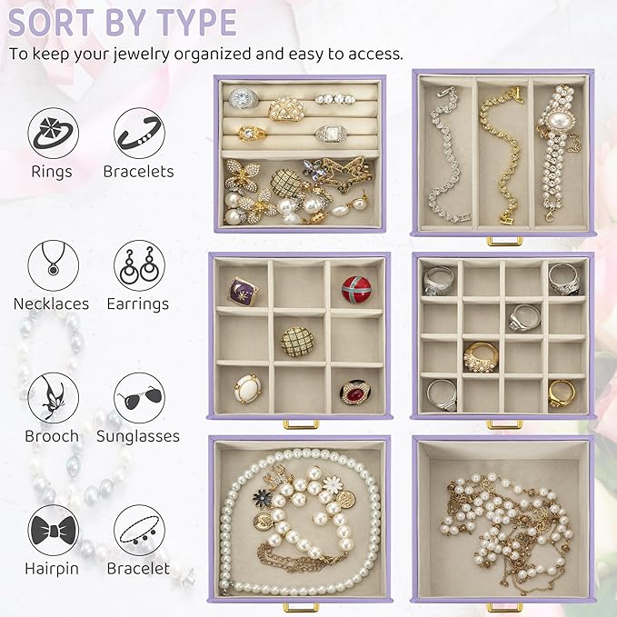 AKOZLIN Jewelry Box Organizer Functional Leather Jewelry Storage Case for Women Girls Ring Necklace Earring Bracelet Holder Organizer with Mirror Purple-CubbioJoy
