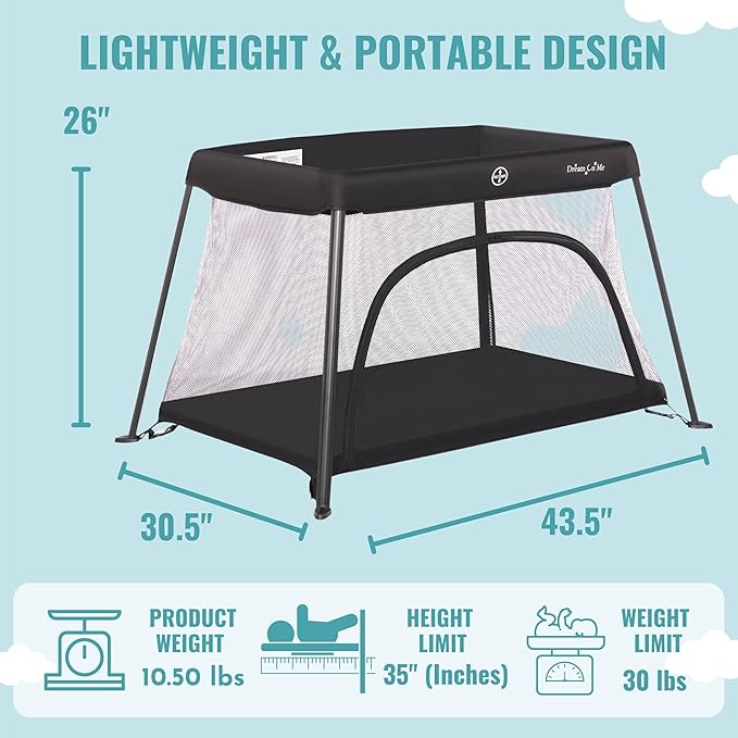 Dream On Me Travel Light Playard with Mesh Zipper Door in Black-CubbioJoy