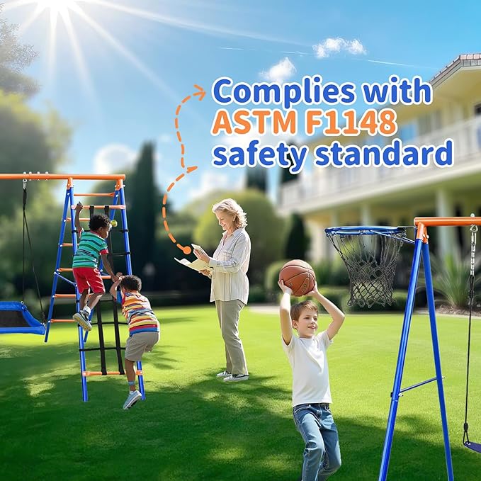5-in-1 Heavy-Duty Metal Swing Set for Backyard - 500lb Capacity Outdoor Playset with Basketball Hoop & Climbing Rope-CubbioJoy