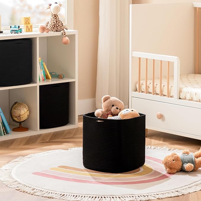 joybest Cube Storage Bins Set of 4, 13inch Cube Baskets Organizer for Nursery, Square Cotton Rope Baskets for Shelves Organizing, Kids Toy, Closet Storage, Black-CubbioJoy