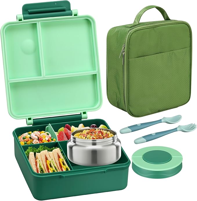 Bento Lunch Box for Kids with 8oz Soup Thermo&Lunch Bag, Leak-Proof Lunch Food Containers with 4 Compartment, Hot Food Insulated Food Jar for Kids School (Green)-CubbioJoy