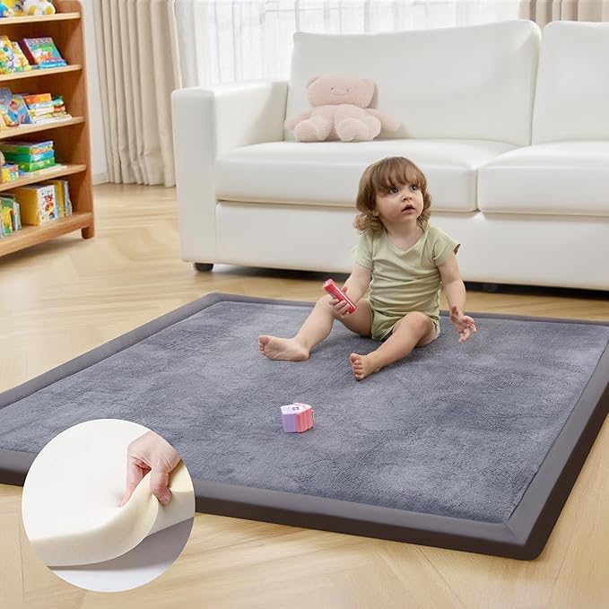 ACOMOPACK Baby Play Mat for Floor 1.3" Thick Memory Foam 50x50 Soft Velvet Playpen Mat for Kids,Infants,Toddlers,Tummy Time Crawling Mats with Non-Slip Bottom,Yoga,Tatami,Nursery Rug（Dark Grey）-CubbioJoy