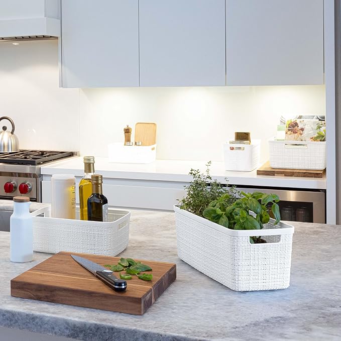 Curver Set of 8 Jute Small Decorative Plastic Organization and Storage Baskets, Perfect Bins for Home Office, Closet Shelves, Kitchen Pantry and All Bedroom Essentials-CubbioJoy