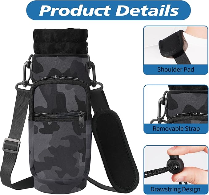 32 40 oz Water Bottle Carrier with Strap, Neoprene Water Bottle Sleeve Bag with 2 Pockets Insulated Flask Sling Holder for Walking Hiking Gym-CubbioJoy