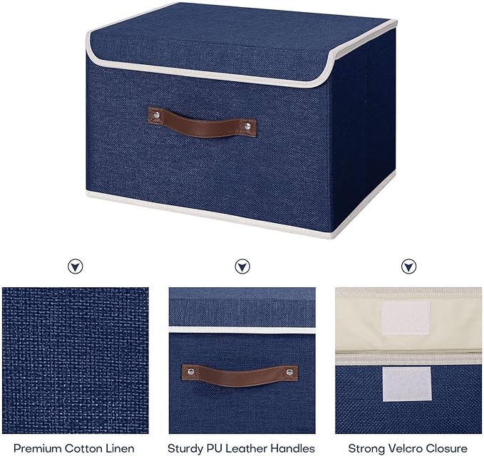 ANMINY Storage Bin with Lid Storage Boxes with PU Leather Handles PP Plastic Board Decorative Foldable Lidded Cotton Linen Fabric Home Cubes Baskets Closet Organizer Container - Blue, Large Size-CubbioJoy