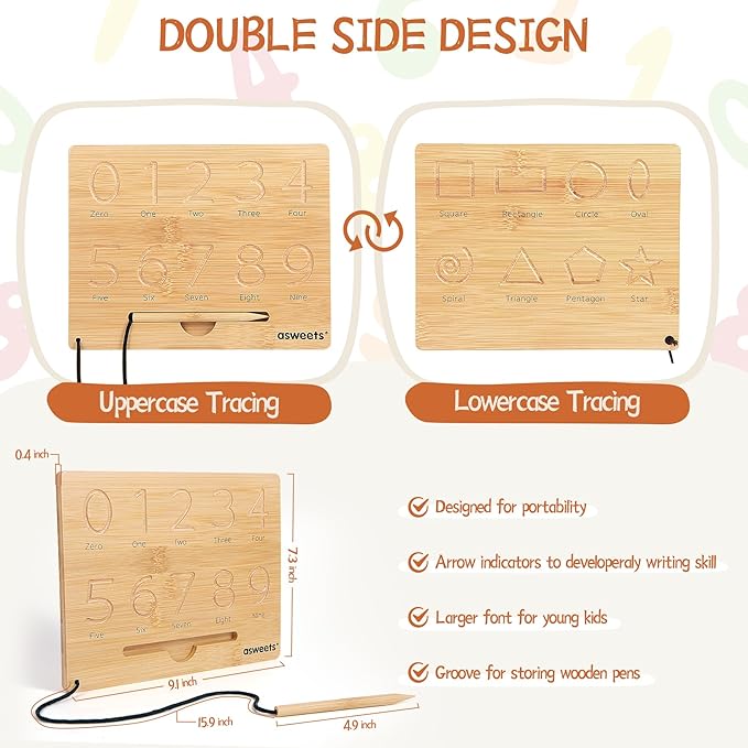 Asweets Montessori Wooden Number Practicing Board, Double-Sided Tracing Board and Shape RecognitionTool to Writing 123 Educational Toy Game for Preschool 3 4 5 Years Old Gifts-CubbioJoy