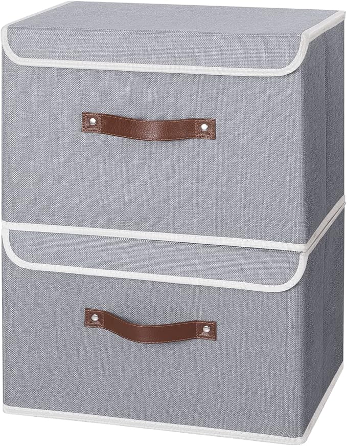 ANMINY 2PCS Storage Bins with Lid PU Leather Handles Storage Boxes PP Plastic Board Decorative Foldable Lidded Cotton Linen Fabric Home Cubes Baskets Closet Organizer Containers - Gray, Large Size-CubbioJoy