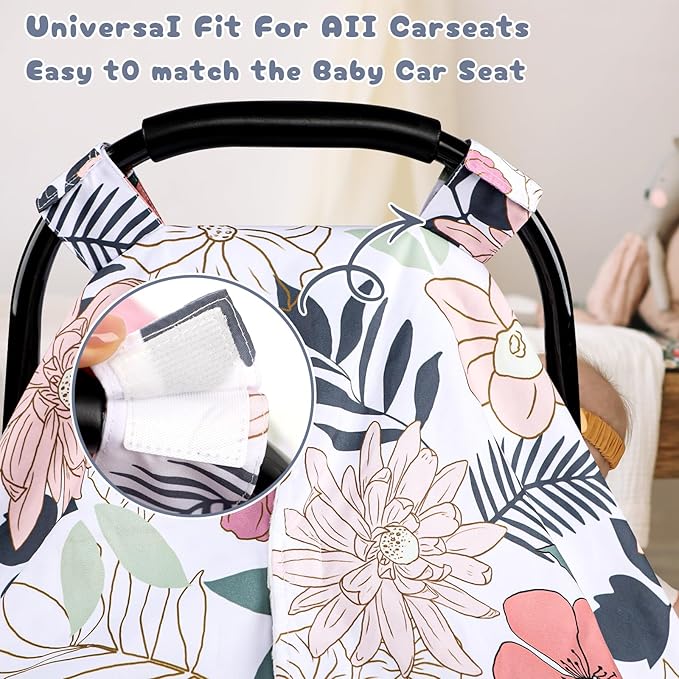 Car Seat Cover Baby, Infant Car Seat Canopy Covers for Newborn Girls Boys, Soft Breathable Minky Carseat Covers Stretchy Multi-Use Nursing Cover for Stroller Baby Car Seat, Daisy Flroal-CubbioJoy