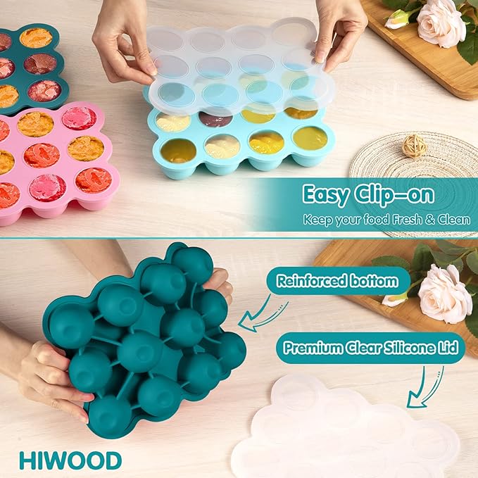 Baby Food Storage 12 x 1.5OZ Silicone Freezer Tray with Lid, Food Grade Silicone Containers for Purees & Vegetables Teal Blue-CubbioJoy