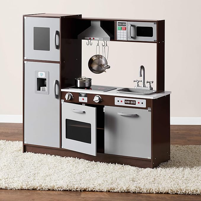 Amazon Basics Kids Upright Wooden Kitchen Toy Playset with Stove, Oven, Sink, Fridge and Accessories, for Toddlers, Preschoolers, Children Age 3+ Years, Espresso/Gray, 39x11.8x39''-CubbioJoy