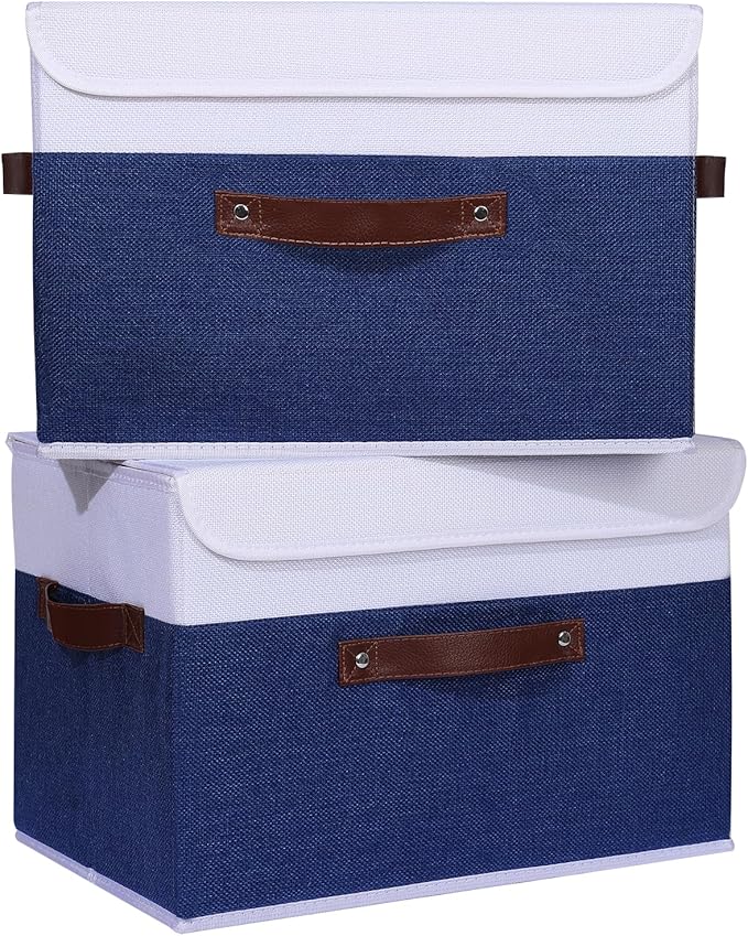 ANMINY 4PCS Storage Boxes with Lid Washable Decorative Storage Bin Basket with PU Leather Handle Foldable Linen Fabric Storage Cube Container for Home Closet Organizer - Deep Blue White, Large Size-CubbioJoy