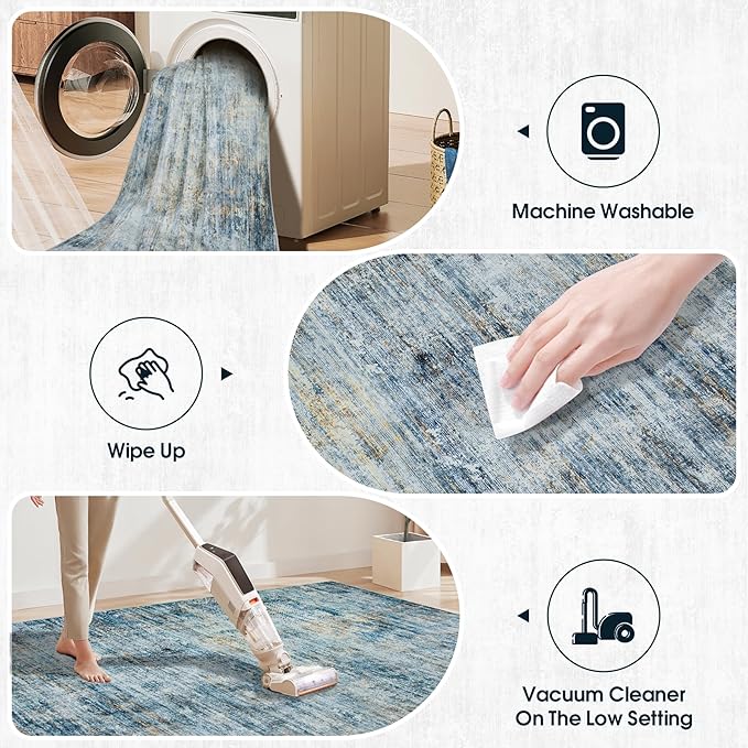 Area Rug 9x12 Washable Rugs: Abstract Large Living Room Rugs with Non-Slip Backing, Thin Carpet for Dining Room Table Bedroom Nursery Indoor Home Office-Blue Brown-CubbioJoy