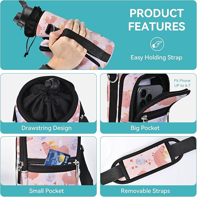 25/32/40/64oz Water Bottle Bag Holder Carrier-Insulated Crossbody Sling Case Sleeve with Strap & Pockets for Men Women Gym Cycling Travel Walking Hiking Camping-CubbioJoy