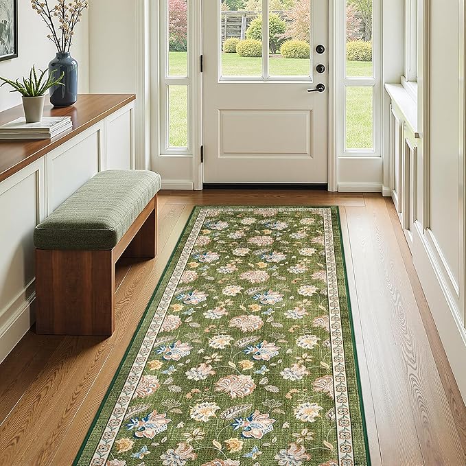 jinchan 3x10 Floral Runner Rug for Hallway Washable Kitchen Runner Vintage Romance Design Non Slip Thin Indoor Floor Cover Low-Profile Throw Carpet for Entryway Bathroom Bedroom Porch, Green-CubbioJoy
