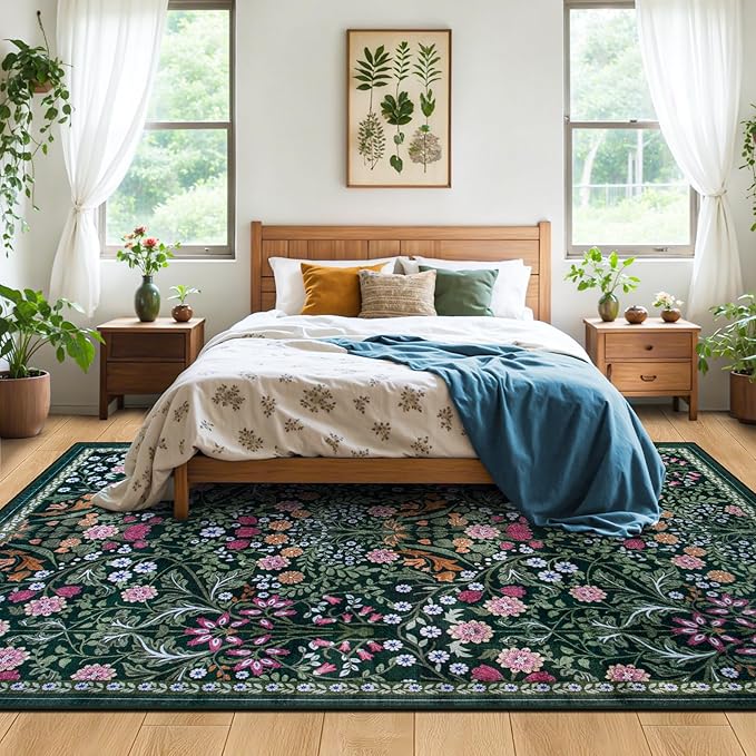 6x9 Area Rugs for Living Room: Floral Washable Rug Vintage Large Soft Boho Non-Slip Carpet Indoor Stain Resistant Thin Carpets for Bedroom Dining Room Farmhouse Nursery Hallway Home Office Dark Green-CubbioJoy