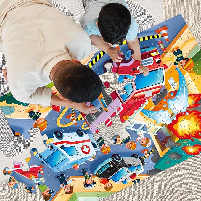 Jumbo Floor Puzzle for Kids,Fire Rescue Jigsaw Large Puzzles,48 Piece Firefighter Fireman Fire Truck Puzzle for Toddler Ages 3-5,Children Learning Preschool Educational Toys,Gift for 4-8 Years Old-CubbioJoy