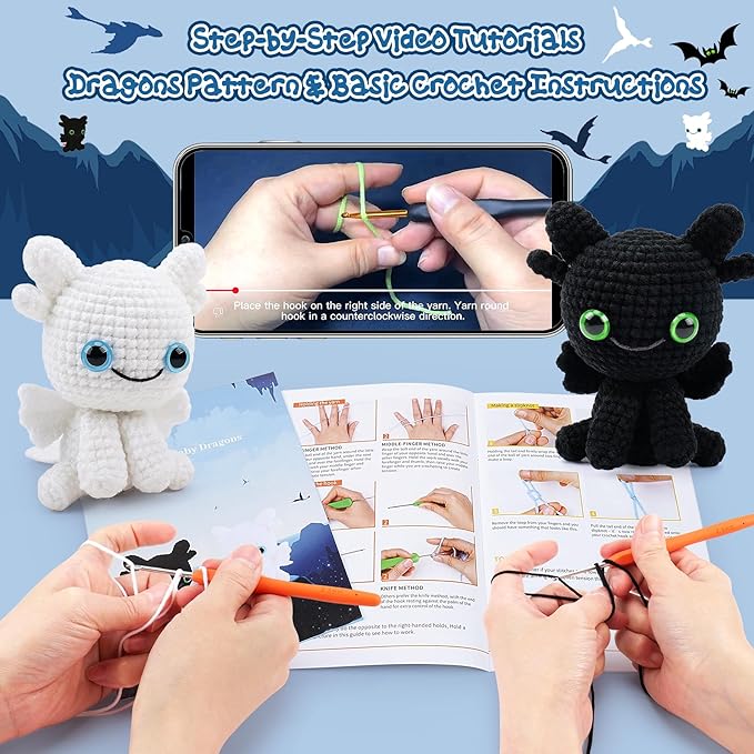 Dragon Crochet Kit for Beginners, 2PCS Black and White Dragon Crochet Animal Kit with Step-by-Step Video Tutorials, Crocheting Kits, Crochet Starter Kit for Kid and Adult, Stuffed Animal Knitting Kits-CubbioJoy