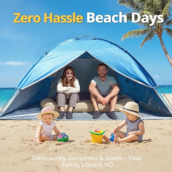 CAMEL CROWN Beach Tent UPF 50+ Sun Shelter for 2/3/5/6 Person, Lightweight Portable Sun Shade with Sand Anchor, Family Beach Day & Outdoor Adventures-CubbioJoy