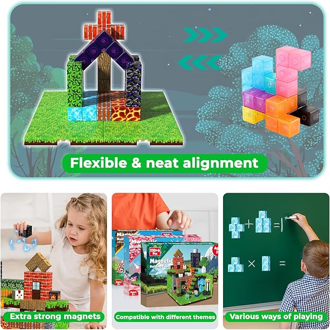150 PCS Magnetic Blocks - Magnetic Building Block with 6 Baseplate, Stacking Magnets for Kids, Sensory Toy for Toddlers STEM Learning, Birthday Gifts for 3+ Years Old Boys Girls-CubbioJoy