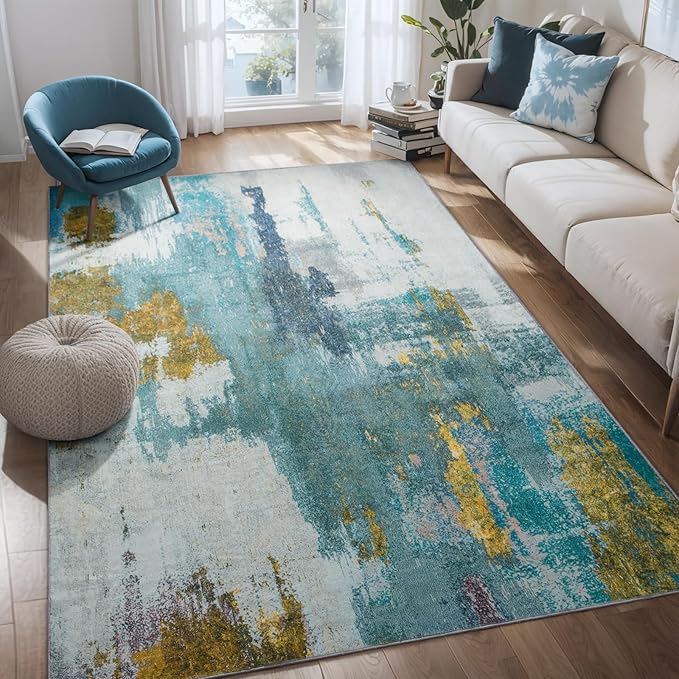 Kelarea 5x7 Blue Rugs for Living Room, Washable Non-Slip Large Rug Abstract Stain Resistant Carpet, Low Pile Soft Indoor Rug for Bedroom, Dining Room, Nursery, Kitchen, Home Office-CubbioJoy