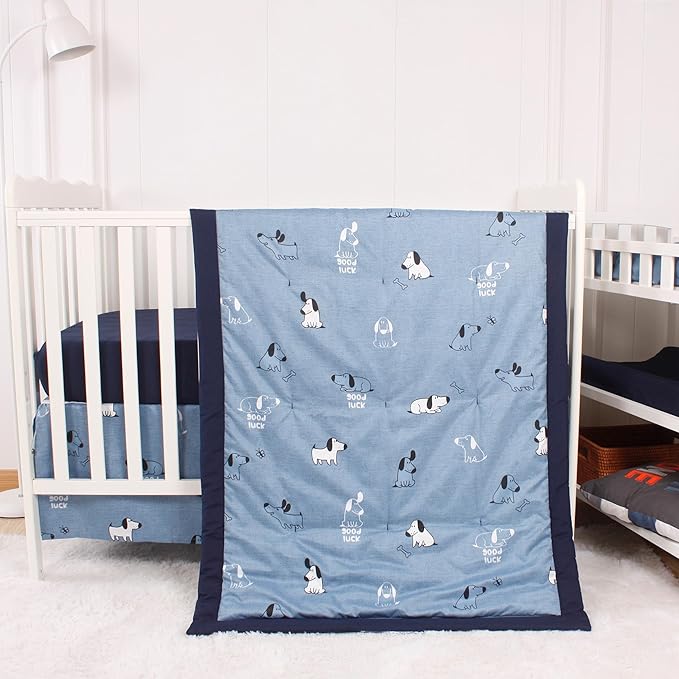 CaSaJa Baby 3-Piece Crib Bedding Set for Boys Girls, Including Soft Quilted Comforter(Blanket), Fitted Crib Sheet and Skirt, Soft Nursery Bedding Set Made of Silky Comfy Materials, Good Luck Puppy-CubbioJoy