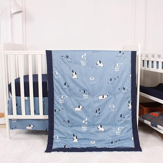 CaSaJa Baby 3-Piece Crib Bedding Set for Boys Girls, Including Soft Quilted Comforter(Blanket), Fitted Crib Sheet and Skirt, Soft Nursery Bedding Set Made of Silky Comfy Materials, Good Luck Puppy-CubbioJoy