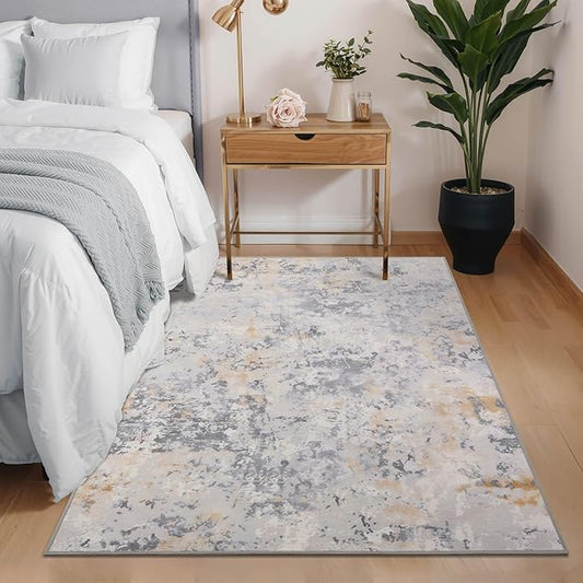 Area Rug 4x6 Washable Grey Rug for Bedroom, Abstract Modern Living Room Rugs Non Slip Low Pile, Carpet for Kitchen, Nursery, Kids Room, Office-CubbioJoy