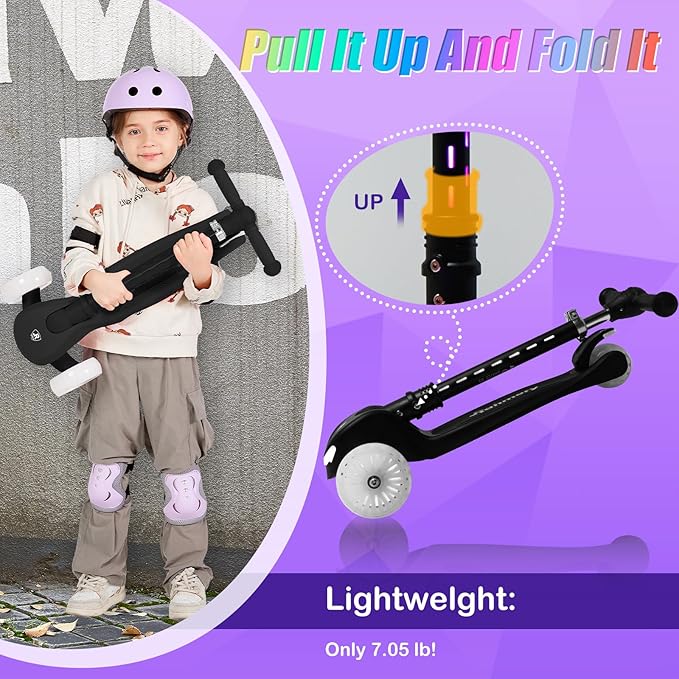 3-Wheel Light-Up Kids Scooter, 20 Different Light Patterns,Three Adjustable Heights,Lean to Steer, Balance Scooter for Ages 3-8-CubbioJoy