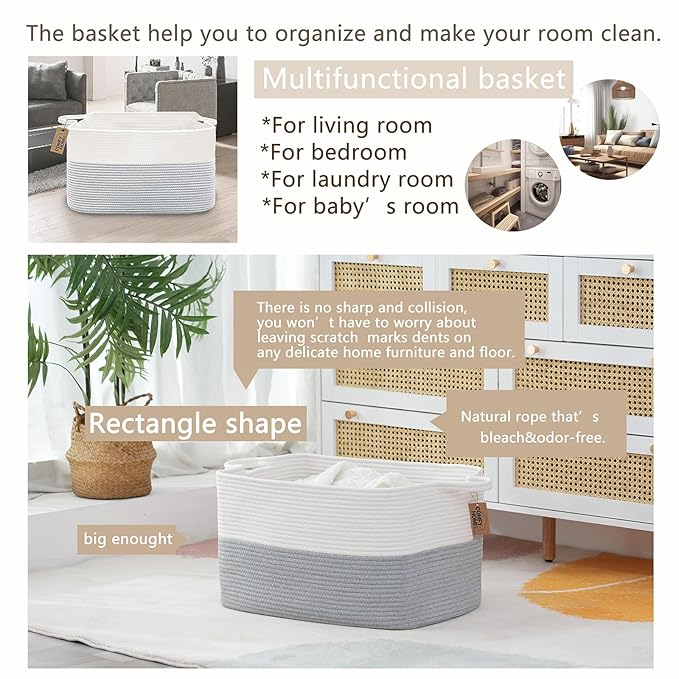 COMFY-HOMI Large Rectangle Laundry Storage Basket | Cotton Rope Woven, Organizing with Handle | Dirty Cloth & Baby Shower Basket | 22x15x12' - White/Grey-CubbioJoy