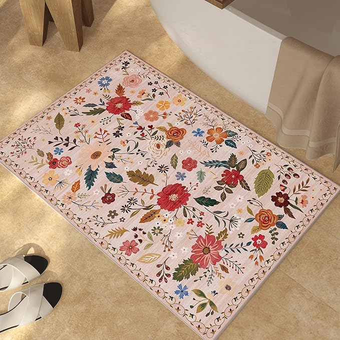 3x5 Area Rug, Floral Pink Washable Rug for Entryway, Non Slip Flower Area Rugs, Soft Low Pile Indoor Doormat Small Carpet, Rugs for Living Room Bedroom Nursery Kitchen Dining Room, Pink/Beige-CubbioJoy