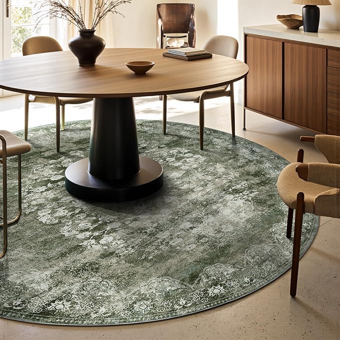 jinchan Round Rug 6ft Area Rug - Green Vintage Floor Mat Kitchen Indoor - Washable Circle 6' Thin Floral Print Carpet Retro Farmhouse Non Slip Dining Room Living Room Bedroom Office-CubbioJoy