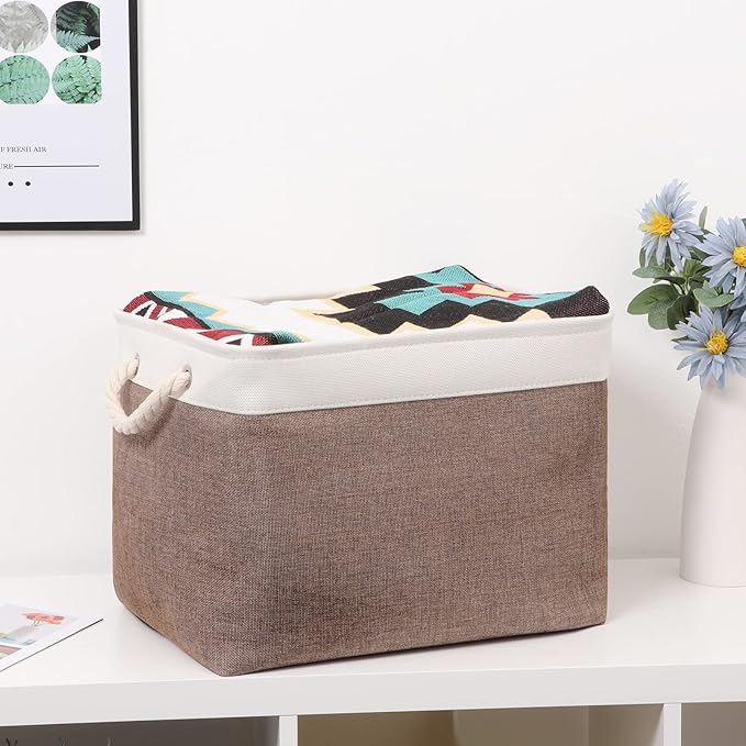 Bidtakay Large Storage Baskets with Handles for Organizing 16" x 11.8" x 11.8" Rustic Shelf Baskets [2-Pack] Foldable Clothes Baskets Fabric Collapsible Bins for Closet (White&Earthy Brown)-CubbioJoy