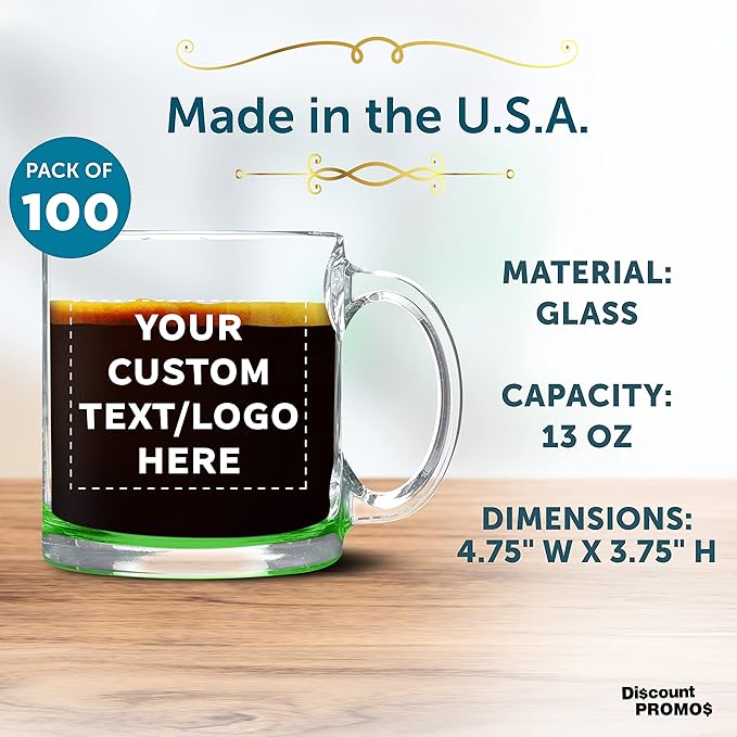 Custom Libbey Clear Glass Coffee Mugs 13 oz. Set of 100, Personalized Bulk Pack - Perfect for Coffee, Tea, Espresso, Hot Cocoa, Other Beverages - Green Bottom-CubbioJoy