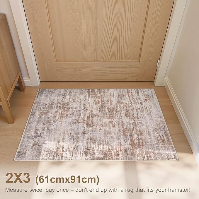 2x3 Entryway Area Rugs: Washable Neutral Abstract Small Rug Door Mat Non-Slip Soft Low Pile Indoor Carpe for Entrance Kitchen Front Door Bathroom Entry Kids Room - Red Brown-CubbioJoy
