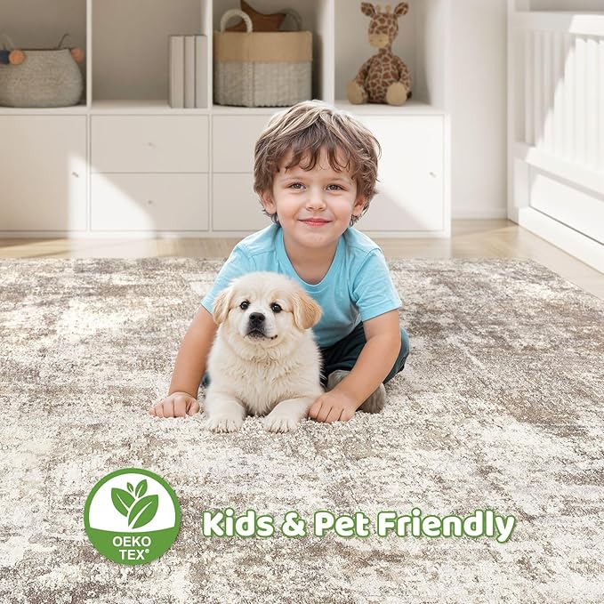 6x9 Area Rugs Living Room: Washable Large Abstract Soft Rug Stain Resistant Indoor Floor Non-Slip Accent Carpet for Women Modern Home Enthusiasts Aged 25-45 - Bedroom Nursery Playroom- Beige Brown-CubbioJoy