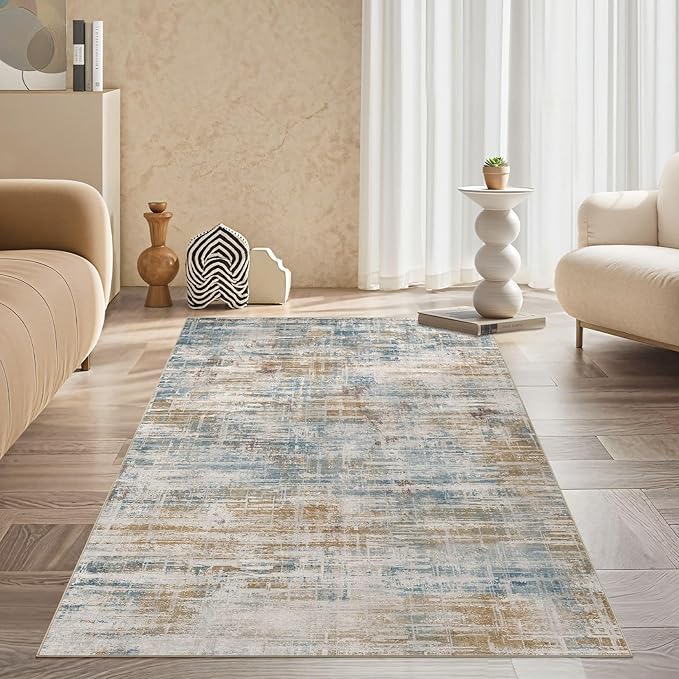 Area Rug for Living Room: 3x5 Washable Neutral Abstract Modern Soft Rugs Non Slip Indoor Floor Stain Resistant Carpet for Bedroom Dining Room Office Nursery - Blue Brown-CubbioJoy
