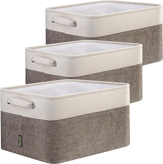 BALEINE 3 Pack Fabric Storage Bins for Shelves, Linen Storage Baskets for Organizing, Decorative Closet Bins for Clothes, Home (Brown, 12"x8"x8")-CubbioJoy