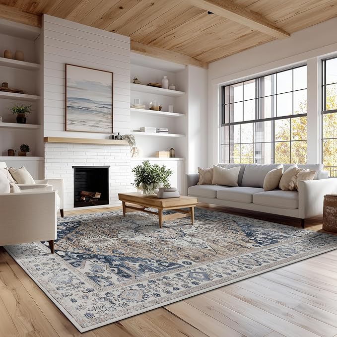 9x12 Area Rug Living Room Rugs, Stain Resistant Washable Rug, Vintage Large Non-Slip Backing, Low Pile Lightweight Print Rug for Bedroom Dinning Room Home Office (Taupe/Blue)-CubbioJoy