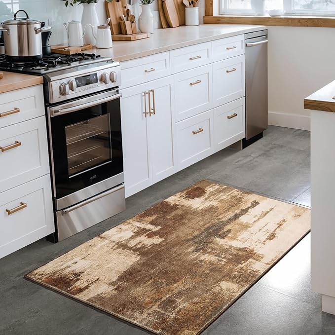 Kelarea 2x3 Brown Entryway Rug, Washable Abstract Small Rugs Non-Slip Low Pile Throw Rugs for Kitchen Floor, Front Door, Bedroom Bedside-CubbioJoy